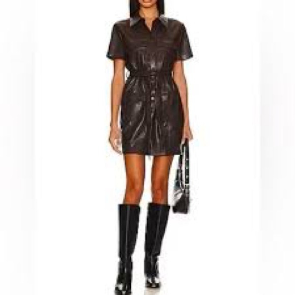 HOUSE OF HARLOW 1960 MS SIZE M BLACK FAUX LEATHER BELTED WAIST SHIRT DRESS